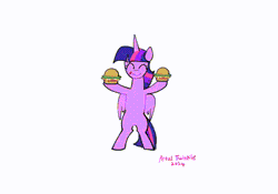 Size: 670x468 | Tagged: safe, alternate version, artist:petaltwinkle, twilight sparkle, alicorn, pony, g4, animated, bipedal, burger, cute, dancing, do the sparkle, eyes closed, female, food, gif, loop, mare, signature, simple background, smiling, solo, that pony sure does love burgers, twiabetes, twilight burgkle, twilight sparkle (alicorn), white background