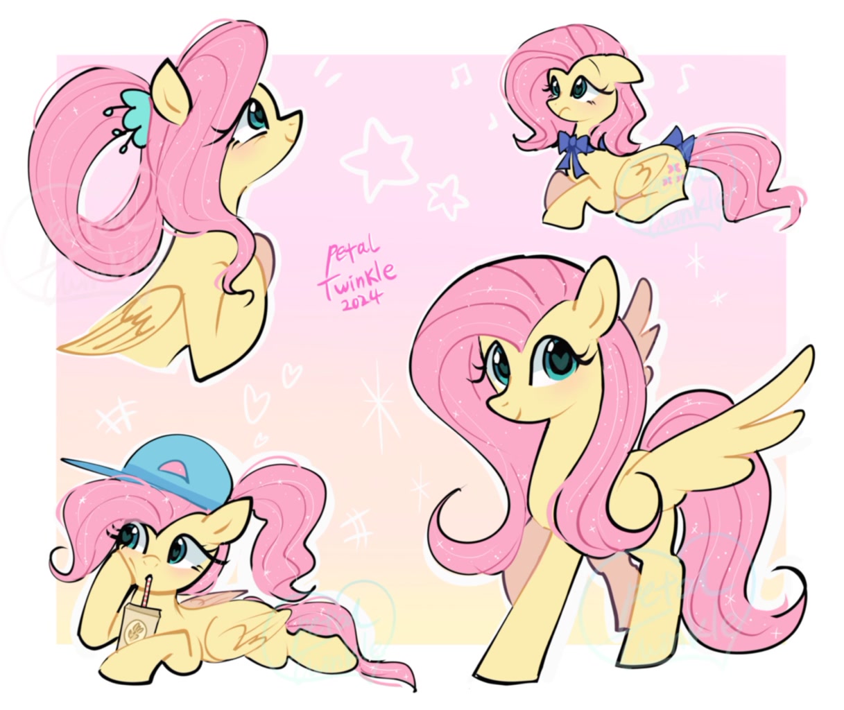 [alternate hairstyle,baseball cap,bow,cap,cute,drink,drinking,female,fluttershy,g4,hat,heart,heart eyes,looking at you,mare,music notes,pegasus,pony,ponytail,prone,raised hoof,safe,signature,solo,sparkles,stars,tail,tail bow,wingding eyes,wings,lying down,shyabetes,gradient background,drinking straw,smiling,spread wings,folded wings,smiling at you,sploot,artist:petaltwinkle]