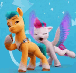 Size: 640x622 | Tagged: safe, screencap, hitch trailblazer, zipp storm, earth pony, pegasus, pony, g5, my little pony: make your mark, animated, boo, female, gif, looking at you, male, mare, one eye closed, scared, stallion, wink, winking at you