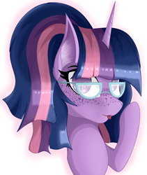 Size: 3240x3840 | Tagged: safe, artist:krymak, twilight sparkle, g4, freckles, glasses, ponytail, simple background, solo, tongue out, white background