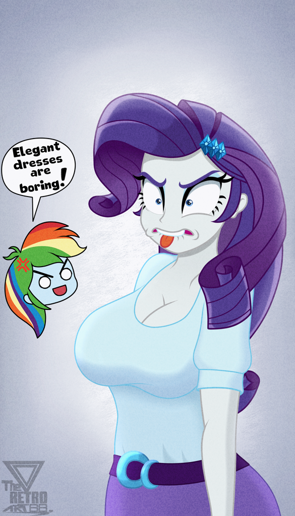 [angry,big breasts,breasts,cleavage,equestria girls,faic,female,g4,high res,human,lip bite,rainbow dash,rarity,safe,speech bubble,tongue out,cross-popping veins,pinpoint eyes,>:d,gradient background,blank eyes,emanata,busty rarity,artist:theretroart88]
