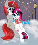 Size: 2500x3000 | Tagged: safe, artist:kristina, oc, oc only, pony, unicorn, clothes, couple, duo, fireworks, love, present, scarf, streetlight, string lights, striped scarf