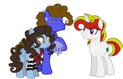 Size: 3880x2496 | Tagged: safe, artist:welcome-rose, oc, oc only, oc:badgering badger, oc:lucky charm, oc:silly scribe, pegasus, pony, unicorn, 2024 community collab, derpibooru community collaboration, bandana, clothes, commission, ear fluff, gloves, horn, male, raised hoof, shirt, simple background, size difference, stallion, transparent background, trio, wings