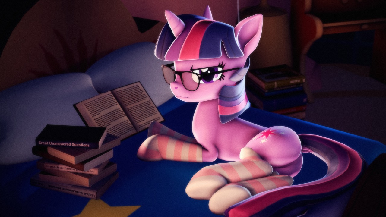 [3d,annoyed,bed,book,butt,clothes,female,frown,glasses,high res,mare,plot,pony,safe,socks,solo,source filmmaker,twilight sparkle,unamused,unicorn,lying down,striped socks,that pony sure does love books,bookhorse,wavy mouth,unicorn twilight,twilight sparkle is not amused,artist:psfmer]