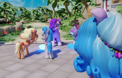 Size: 3840x2460 | Tagged: safe, alternate version, artist:raindashesp, glory (g5), izzy moonbow, peach fizz, pipp petals, seashell (g5), earth pony, pegasus, pony, unicorn, g5, back of head, looking at someone, maretime bay, pippsqueak trio, pippsqueaks