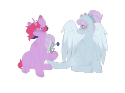 Size: 2732x2048 | Tagged: safe, artist:snows-undercover, derpibooru exclusive, oc, oc only, oc:iris breeze, oc:lilac, pegasus, pony, unicorn, blushing, bow, cute, duo, female, flower, freckles, hair bow, horn, leonine tail, lesbian, looking at each other, looking at someone, oc x oc, shipping, simple background, sitting, tail, transparent background, wings