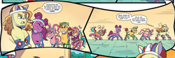 Size: 1867x620 | Tagged: safe, idw, official comic, captain buck, sunny starscout, earth pony, pony, unicorn, g5, kenbucky roller derby #1, my little pony: kenbucky roller derby, spoiler:comic, spoiler:g5comic, comic, dialogue, female, male, mare, skates, smiling, stallion, unnamed character, unnamed pony