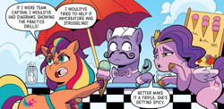 Size: 1007x493 | Tagged: safe, idw, official comic, pipp petals, sunny starscout, earth pony, pegasus, pony, g5, spoiler:comic, spoiler:g5comic, comic, dialogue, facial hair, female, food, hat, ice cream, male, mane stripe sunny, mare, moustache, my little pony: kenbucky roller derby, stallion, sunny starscout is not amused, trio, unamused, unnamed character, unnamed pony