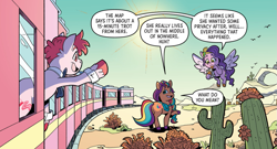 Size: 1103x594 | Tagged: safe, idw, official comic, pipp petals, sunny starscout, earth pony, pegasus, pony, g5, spoiler:comic, spoiler:g5comic, cactus, comic, desert, dialogue, female, mane stripe sunny, mare, my little pony: kenbucky roller derby, phone, skates, train, train tracks, unnamed character, unnamed pony