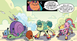 Size: 1054x570 | Tagged: safe, artist:natalie haines, idw, official comic, oopsie daisy, sniffles (g5), sunny starscout, earth pony, pegasnail, pony, snail, g5, kenbucky roller derby #1, my little pony: kenbucky roller derby, spoiler:comic, spoiler:g5comic, comic, desert, female, mane stripe sunny, mare, skates, sneezing, this will end in tears