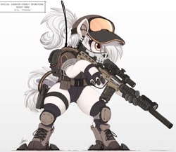 Size: 1208x1050 | Tagged: safe, artist:ncmares, oc, oc only, oc:frosty, earth pony, pony, artificial hands, assault rifle, baseball cap, big mare, bipedal, boots, cap, clothes, cybernetic legs, cyberpunk, female, gloves, goggles, gradient background, gun, hat, jacket, mare, mask, radio, rifle, shoes, simple background, socks, soldier, solo, tactical vest, thighs, weapon