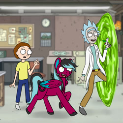 Size: 1500x1500 | Tagged: safe, artist:ritork, oc, oc:razzmatazz gleam, human, hybrid, pegabat, pegasus, pony, crossover, female, morty smith, portal, rick and morty, rick sanchez