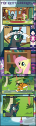 Size: 1663x5776 | Tagged: safe, artist:shootingstarsentry, angel bunny, chimera sisters, fluttershy, oc, oc:lilypad, oc:nightshade (digimonlover101), changepony, chimera, hybrid, pegasus, pony, comic:the next generation, g4, female, interspecies offspring, mare, multiple heads, offspring, parent:fluttershy, parent:king sombra, parent:queen chrysalis, parents:caballershy, parents:chrysombra, three heads