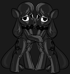 Size: 782x827 | Tagged: safe, artist:latexia, edit, editor:anonymous, octavia melody, earth pony, pony, g4, /mlp/ latex requests, bipedal, bondage, bow, bowtie, dark, duality, encasement, gray background, grayscale, hood, hoof hold, latex, latex suit, leaning, lidded eyes, monochrome, png, seams, self paradox, self ponidox, shitposting, simple background