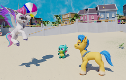 Size: 3840x2460 | Tagged: safe, alternate version, artist:raindashesp, hitch trailblazer, misty brightdawn, sparky sparkeroni, zipp storm, dragon, earth pony, pegasus, pony, g5, beach ball, female, looking at each other, looking at someone, male, mare, rebirth misty, ship:stormblazer, shipping, stallion, straight