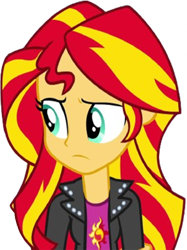 Size: 1884x2520 | Tagged: safe, edit, edited screencap, editor:homersimpson1983, screencap, sunset shimmer, human, equestria girls, g4, arms, background removed, breasts, bust, clothes, female, jacket, leather jacket, long hair, not a vector, simple background, solo, teenager, top, transparent background, turned head