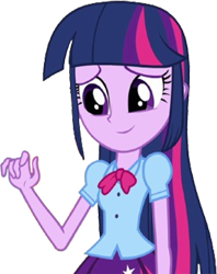 Size: 1991x2520 | Tagged: safe, edit, edited screencap, editor:mrtoonlover83, screencap, twilight sparkle, human, equestria girls, g4, arms, background removed, blouse, bowtie, breasts, bust, clothes, female, fingers, hand, happy, long hair, not a vector, puffy sleeves, simple background, skirt, smiling, solo, teenager, transparent background