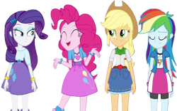 Size: 4026x2520 | Tagged: safe, edit, edited screencap, editor:homersimpson1983, screencap, applejack, pinkie pie, rainbow dash, rarity, human, equestria girls, g4, arms, background removed, belt, blouse, bracelet, breasts, bust, button-up shirt, clothes, collar, cowboy hat, denim skirt, eyebrows, eyes closed, female, freckles, hairpin, hand, happy, hat, jewelry, lidded eyes, long hair, not a vector, open mouth, open smile, ponytail, raised eyebrow, shirt, shrug, simple background, skirt, smiling, t-shirt, teenager, transparent background, wristband