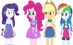 Size: 4063x2520 | Tagged: safe, edit, edited screencap, editor:homersimpson1983, screencap, applejack, pinkie pie, rainbow dash, rarity, human, equestria girls, g4, arms, background removed, belt, blouse, bracelet, breasts, bust, button-up shirt, clothes, collar, cowboy hat, denim skirt, eyebrows, female, freckles, hairpin, hat, jewelry, long hair, looking at each other, looking at someone, not a vector, ponytail, raised eyebrow, shirt, simple background, skirt, smiling, t-shirt, teenager, teeth, transparent background, vest, wide eyes, wristband
