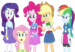 Size: 3625x2520 | Tagged: safe, edit, edited screencap, editor:homersimpson1983, screencap, applejack, fluttershy, pinkie pie, rainbow dash, rarity, human, equestria girls, g4, background removed, belt, blouse, bracelet, breasts, bust, button-up shirt, clothes, collar, confused, cowboy hat, eyebrows, female, freckles, hairpin, hat, jaw drop, jewelry, long hair, not a vector, open mouth, ponytail, raised eyebrow, shirt, simple background, skirt, smiling, t-shirt, tank top, teenager, teeth, transparent background, vest, wide eyes, wristband