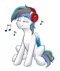 Size: 1826x2160 | Tagged: safe, artist:fluffyorbiter, oc, oc only, oc:snowy starshine, pegasus, pony, headphones, music notes, simple background, solo, white background