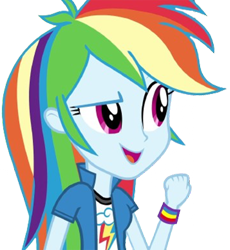 Size: 2318x2520 | Tagged: safe, edit, edited screencap, editor:homersimpson1983, screencap, rainbow dash, human, equestria girls, g4, arms, background removed, breasts, bust, clothes, collar, eyebrows, female, fist, long hair, not a vector, open mouth, open smile, raised eyebrow, shirt, simple background, smiling, solo, t-shirt, teenager, transparent background, wristband