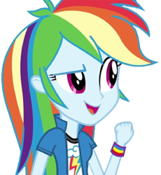 Size: 2318x2520 | Tagged: safe, edit, edited screencap, editor:mrtoonlover83, screencap, rainbow dash, human, equestria girls, g4, arms, background removed, breasts, bust, clothes, collar, eyebrows, female, fist, long hair, not a vector, open mouth, open smile, raised eyebrow, shirt, simple background, smiling, solo, t-shirt, teenager, transparent background, wristband