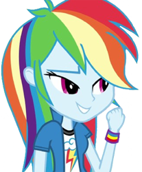 Size: 2090x2520 | Tagged: safe, edit, edited screencap, editor:homersimpson1983, screencap, rainbow dash, human, equestria girls, g4, arms, background removed, breasts, bust, clothes, collar, female, fist, long hair, not a vector, shirt, simple background, smiling, solo, t-shirt, teenager, teeth, transparent background, wristband