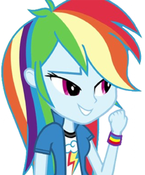 Size: 2090x2520 | Tagged: safe, edit, edited screencap, editor:mrtoonlover83, screencap, rainbow dash, human, equestria girls, g4, arms, background removed, breasts, bust, clothes, collar, female, fist, long hair, not a vector, shirt, simple background, smiling, solo, t-shirt, teenager, teeth, transparent background, wristband