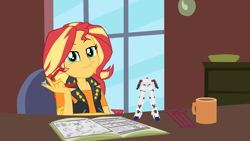 Size: 3377x1900 | Tagged: safe, artist:gmaplay, sunset shimmer, human, robot, equestria girls, g4, my little pony equestria girls: better together, super squad goals, building, crossover, cute, fangirl, female, gundam, gundam unicorn, gunpla, high res, hobby, mecha, mug, real grade, shimmerbetes, side cutters, solo