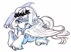 Size: 3614x2630 | Tagged: safe, artist:opalacorn, oc, oc only, oc:tundra, pegasus, pony, claws, commission, female, grayscale, laurel wreath, lidded eyes, lying down, mare, monochrome, prone, simple background, solo, unshorn fetlocks, white background, wing claws, wings