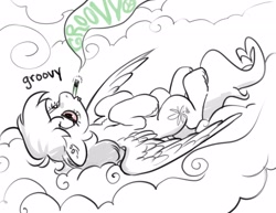 Size: 2048x1578 | Tagged: safe, artist:opalacorn, oc, oc only, pegasus, pony, bloodshot eyes, cloud, commission, drug use, drugs, groovy, high, lying down, lying on a cloud, marijuana, on a cloud, on back, partial color, simple background, smoking, solo, white background