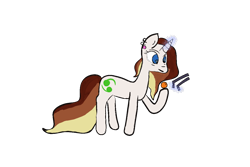 Size: 1200x800 | Tagged: safe, artist:chresureangel, oc, oc only, oc:chaos bringer, ghost, pony, undead, unicorn, 2024 community collab, derpibooru community collaboration, ball, brown, dowsing rod, harmony, holding, hooves, horn, hunting, magic, piercing, simple background, solo, standing, transparent background, white, yellow