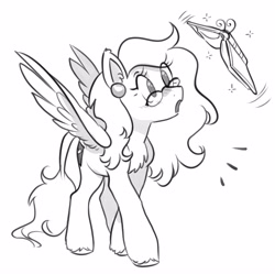 Size: 4096x4079 | Tagged: safe, artist:opalacorn, oc, oc only, butterfly, pegasus, pony, black and white, book, chest fluff, commission, ear piercing, earring, emanata, female, glasses, grayscale, jewelry, mare, monochrome, piercing, solo, spread wings, surprised, wings