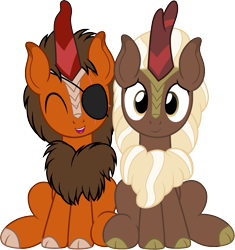 Size: 1437x1529 | Tagged: safe, artist:badumsquish, derpibooru exclusive, oc, oc only, oc:chocolate medley, oc:rustback, crystal pony, kirin, 2024 community collab, derpibooru community collaboration, bashful, buzz cut, chest fluff, crystal pony oc, duo, duo male, eyepatch, eyes closed, food, glowing, grin, horn, kirin-ified, looking at you, male, open mouth, ponytail, scar, shiny, short hair, side by side, simple background, sitting, smiling, sparkling, species swap, squee, transparent background, unshorn fetlocks, very short hair