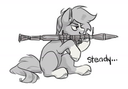 Size: 2392x1665 | Tagged: safe, artist:opalacorn, earth pony, pony, coat markings, commission, hoof hold, monochrome, narrowed eyes, ponified, rocket launcher, sergeant reckless, simple background, sitting, smiling, socks (coat markings), solo, weapon, white background