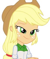 Size: 2122x2520 | Tagged: safe, edit, edited screencap, editor:homersimpson1983, screencap, applejack, human, equestria girls, g4, applejack's hat, arms, background removed, breasts, bust, button-up shirt, clothes, cowboy hat, cowgirl, cute, eyebrows, female, freckles, hat, head tilt, jackabetes, long hair, not a vector, ponytail, raised eyebrow, shirt, simple background, smiling, solo, stetson, teenager, transparent background