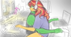 Size: 2242x1180 | Tagged: source needed, safe, artist:ponylover, pinkie pie, sunset shimmer, oc, oc:anon, human, equestria girls, g4, canon x oc, computer, duo, duo male and female, female, headphones, keyboard, laptop computer, male, shipping, straight