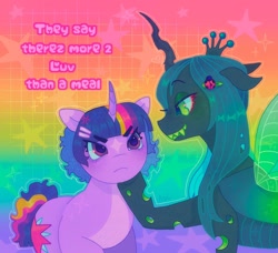 Size: 1440x1312 | Tagged: safe, artist:ariariari.png, queen chrysalis, twilight sparkle, changeling, changeling queen, pony, unicorn, g4, abstract background, duo, female, gradient background, lesbian, rainbow, rainbow background, ship:twisalis, shipping, unicorn twilight