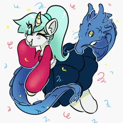 Size: 2216x2221 | Tagged: safe, artist:opalacorn, oc, oc only, oc:nine the divine, chinese dragon, dragon, pony, unicorn, clothes, confetti, female, heart, heart eyes, looking at you, mare, one eye closed, open mouth, open smile, puffy sleeves, shirt, simple background, skirt, smiling, solo, white background, wingding eyes, wink, winking at you, year of the dragon