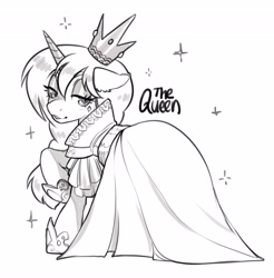 Size: 4035x4096 | Tagged: safe, artist:opalacorn, oc, oc only, pony, unicorn, clothes, commission, crown, dress, female, floppy ears, grayscale, jewelry, lidded eyes, looking at you, looking back, looking back at you, mare, monochrome, regalia, simple background, solo, sparkles, white background