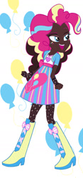 Size: 840x1797 | Tagged: safe, artist:mlpgood, color edit, edit, edited screencap, screencap, pinkie pie, equestria girls, g4, boots, clothes, dark skin, female, high heel boots, jacket, shirt, shoes, skin color edit, skirt, solo, vest