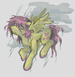 Size: 1280x1319 | Tagged: safe, artist:girl-bug 925, fluttershy, pegasus, pony, g4, alternate hairstyle, cloud, colored hooves, female, frown, gray background, mare, open mouth, rain, raincloud, sad pony, simple background, solo, spread wings, white background, wings