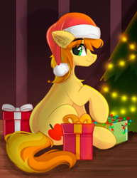 Size: 1911x2480 | Tagged: safe, artist:janelearts, braeburn, earth pony, pony, g4, christmas, christmas tree, commission, cute, hat, holiday, looking back, male, present, santa hat, smiling, solo, stallion, tail, tree, two toned mane, two toned tail, ych result