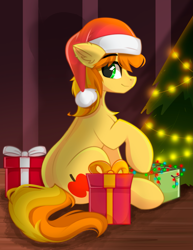 Size: 1911x2480 | Tagged: safe, artist:janelearts, braeburn, earth pony, pony, g4, braebutt, butt, christmas, christmas tree, commission, cute, hat, holiday, looking back, male, present, santa hat, smiling, solo, stallion, tail, tree, two toned mane, two toned tail, ych result