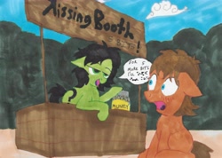 Size: 6456x4592 | Tagged: safe, artist:dhm, oc, oc:filly anon, pony, bits, blushing, censored, censored vulgarity, cloud, colt, dialogue, drawing, drawthread, female, filly, foal, funny, kissing booth, male, marker drawing, missing cutie mark, misspelling, shocked, simple background, speech bubble, text, traditional art