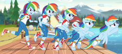 Size: 2700x1200 | Tagged: safe, artist:anonymous, rainbow dash, human, pegasus, pony, equestria girls, g4, my little pony equestria girls: legend of everfree, /ptfg/, animorphs, blank flank, camp everfree, camp everfree outfits, clothes, equestria girls ponified, female, flying, forest, grin, human to pony, mare, missing cutie mark, mountain, nature, open mouth, open smile, pants, pier, ponified, ripped, ripped pants, ripped shirt, ripping clothes, shirt, show accurate, smiling, socks, solo, torn clothes, torn socks, transformation, transformation sequence, tree, water