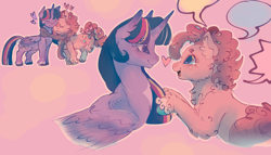 Size: 3078x1760 | Tagged: safe, artist:fealcity, pinkie pie, twilight sparkle, alicorn, earth pony, pony, g4, chest fluff, clothes, eyes closed, female, floating heart, heart, lesbian, looking at each other, looking at someone, mare, nuzzling, open mouth, open smile, pink background, scarf, shared clothing, shared scarf, ship:twinkie, shipping, simple background, smiling, smiling at each other, twilight sparkle (alicorn)