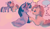 Size: 3078x1760 | Tagged: safe, artist:fealcity, pinkie pie, twilight sparkle, alicorn, earth pony, pony, g4, chest fluff, clothes, eyes closed, female, floating heart, heart, lesbian, looking at each other, looking at someone, mare, nuzzling, open mouth, open smile, pink background, scarf, shared clothing, shared scarf, ship:twinkie, shipping, simple background, smiling, smiling at each other, twilight sparkle (alicorn)