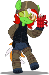 Size: 3275x5000 | Tagged: safe, artist:jhayarr23, oc, oc only, oc:wandering sunrise, earth pony, fallout equestria, fallout equestria: dead tree, armor, bipedal, commission, commissioner:solar aura, dynamite, earth pony oc, explosives, goggles, green coat, helmet, one eye closed, one eye open, present, ribbon, simple background, solo, transparent background, wink, ych result